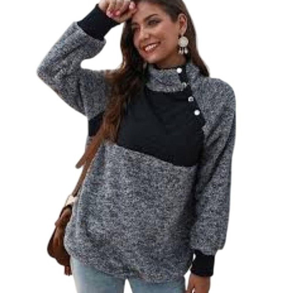 Abercrombie & Fitch Womens Mock Neck Pullover Sweater Gray Black Asymmetrical L